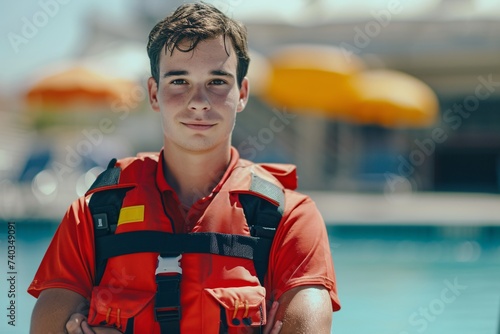 Portrait d'un jeune sauveteur devant une piscine » IA générative
