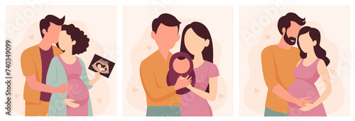 Set of postcards of a young pregnant couple. Mom and dad are holding the baby in their arms. Ultrasound result of a pregnant woman. Pregnancy.