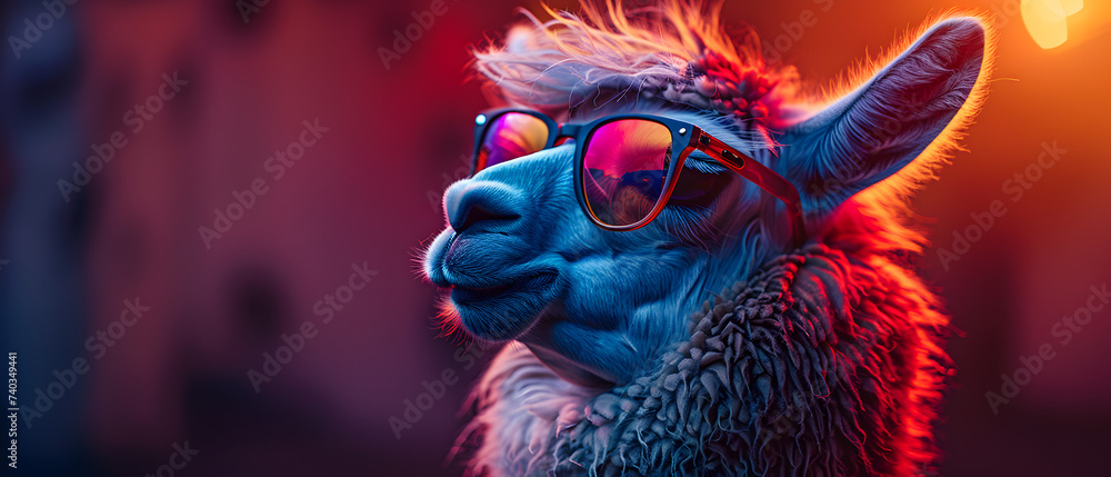 Cool and relaxed Lama with colorful sunglasses in a photo studio light, good vibes chill, vibrant color lights, blue and pink illuminate, head shot profile photo