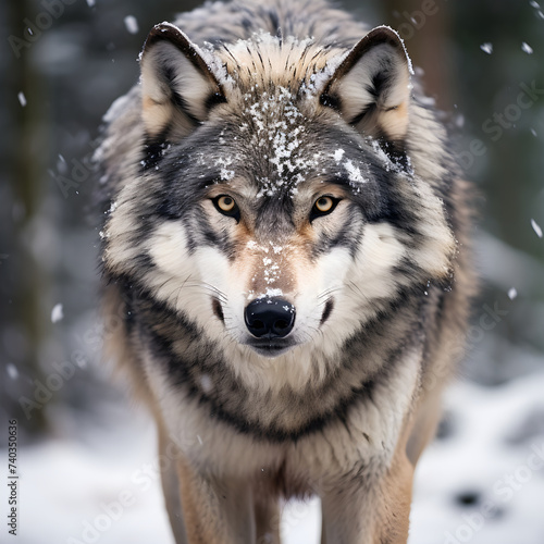 Primal Majesty: A Captivating Close-Up Portrait of a Lone Grey Wolf Amidst Snowy Wilderness © Lenora