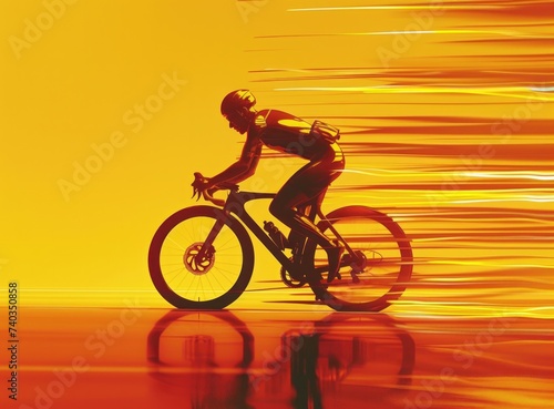 Cyclist riding bicycle in vray format, speed graphics, high resolution, uhd image, yellow-orange-black silhouette