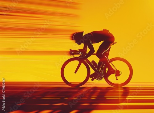Cyclist riding bicycle in vray format, speed graphics, high resolution, uhd image, yellow-orange-black silhouette