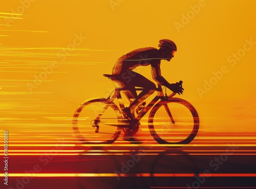 Cyclist riding bicycle in vray format, speed graphics, high resolution, uhd image, yellow-orange-black silhouette