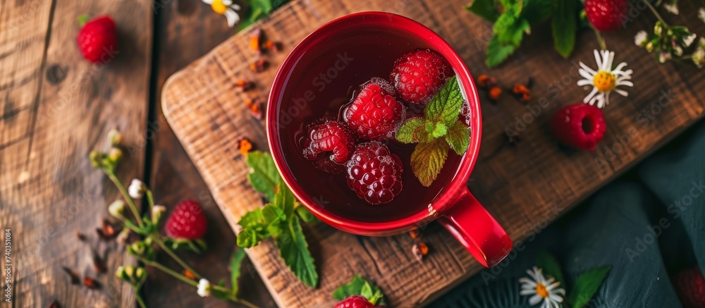 Delicious cup of raspberry jam served with fresh raspberries and mint leaves on wooden table Delicious cup of raspberry jam served with fresh raspberries and mint leaves on wooden table