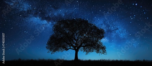 A tree stands in the middle of a field under a beautiful night sky filled with stars.