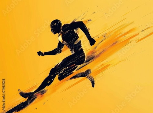 Male runner is sprinting forward with speed in vray format. Speed graphics. High resolution uhd image yellow-orange-black silhouette