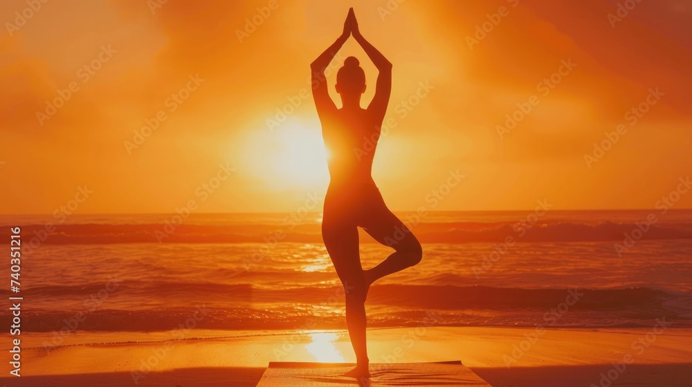 Orange-yellow silhouette of a fit model sitting on a beach mat doing yoga poses. Sunset background