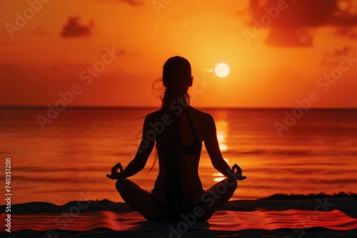 Orange-yellow silhouette of a fit model sitting on a beach mat doing yoga poses. Sunset background © panu101