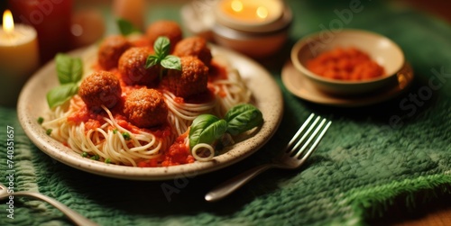 Italian Comfort: A Plate of Spaghetti and Meatballs, Drizzled with Tomato Sauce and Garnished with Fresh Basil, Promises a Delicious Homemade Meal.
