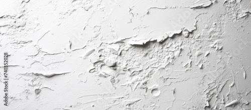 This close-up photo showcases a white wall with textured paint splatters, revealing peeling sections. © AkuAku