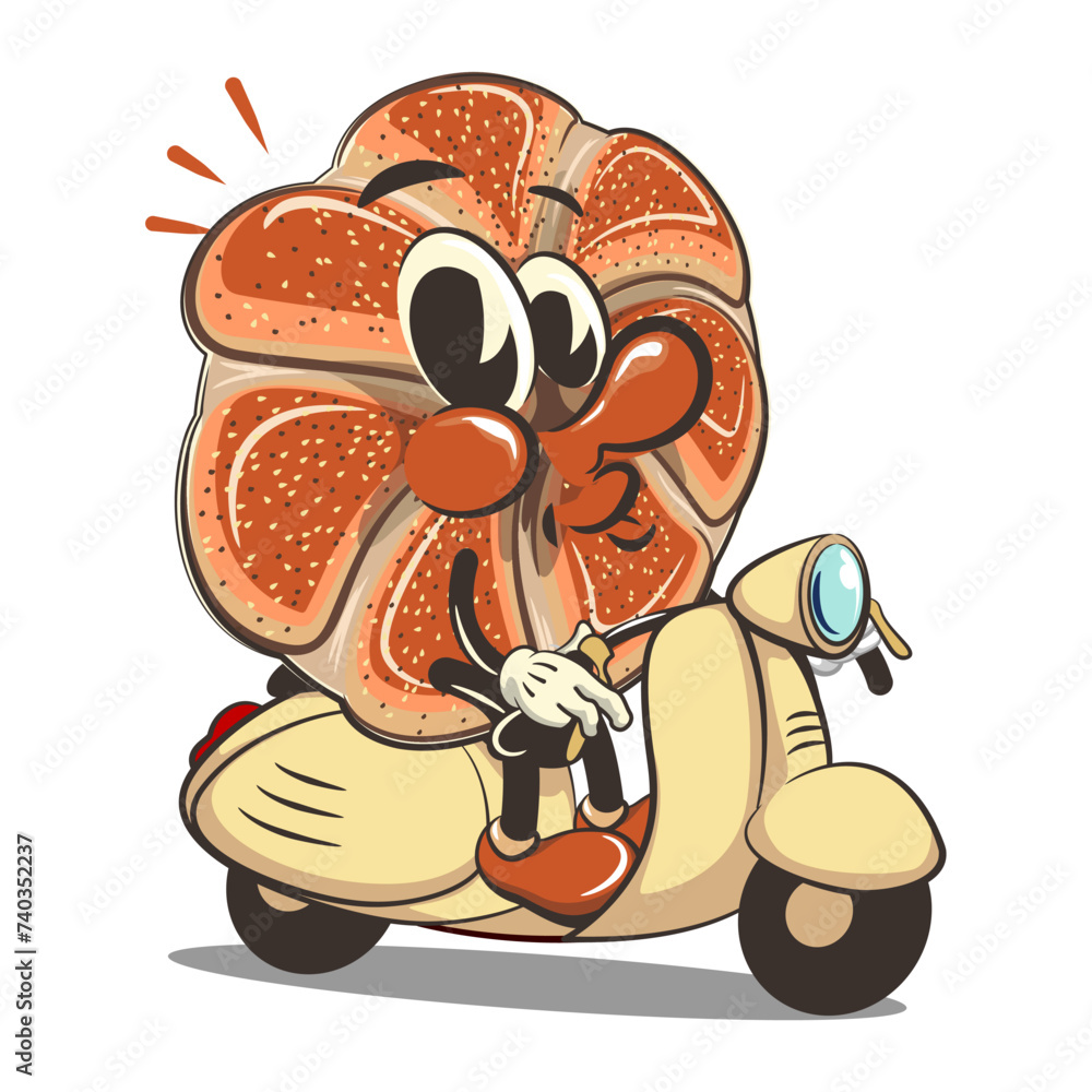 vector isolated clip art illustration of cute bagel rolls mascot riding