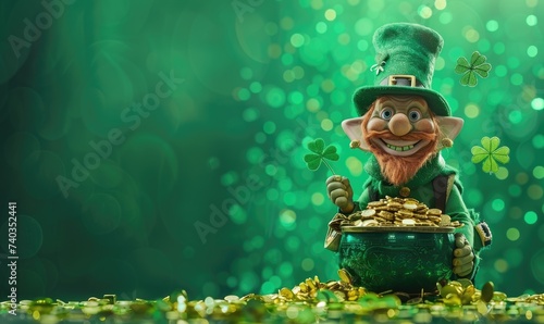 Banner st patricks day with treasure of leprechaun, pot full of golden coins and shamrocks © piai