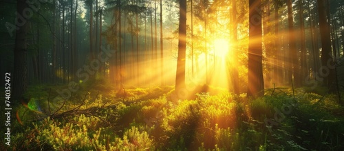 A beaming sun shines beautifully through the trees, illuminating the scenic forest.