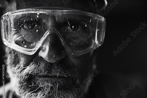 Gros plan d'un vieil ouvrier avec lunettes de protection en noir et blanc » IA générative photo