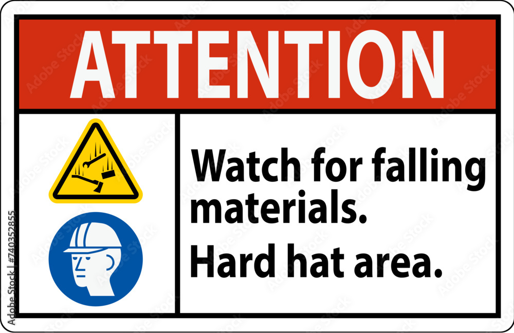 Attention Sign, Watch For Falling Materials, Hard Hat Area Attention Sign, Watch For Falling Materials, Hard Hat Area