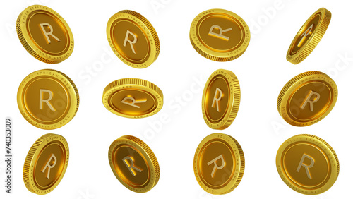3D rendering of set of abstract golden South African Rand coins concept in different angles. Rand sign on golden coin isolated on transparent background photo
