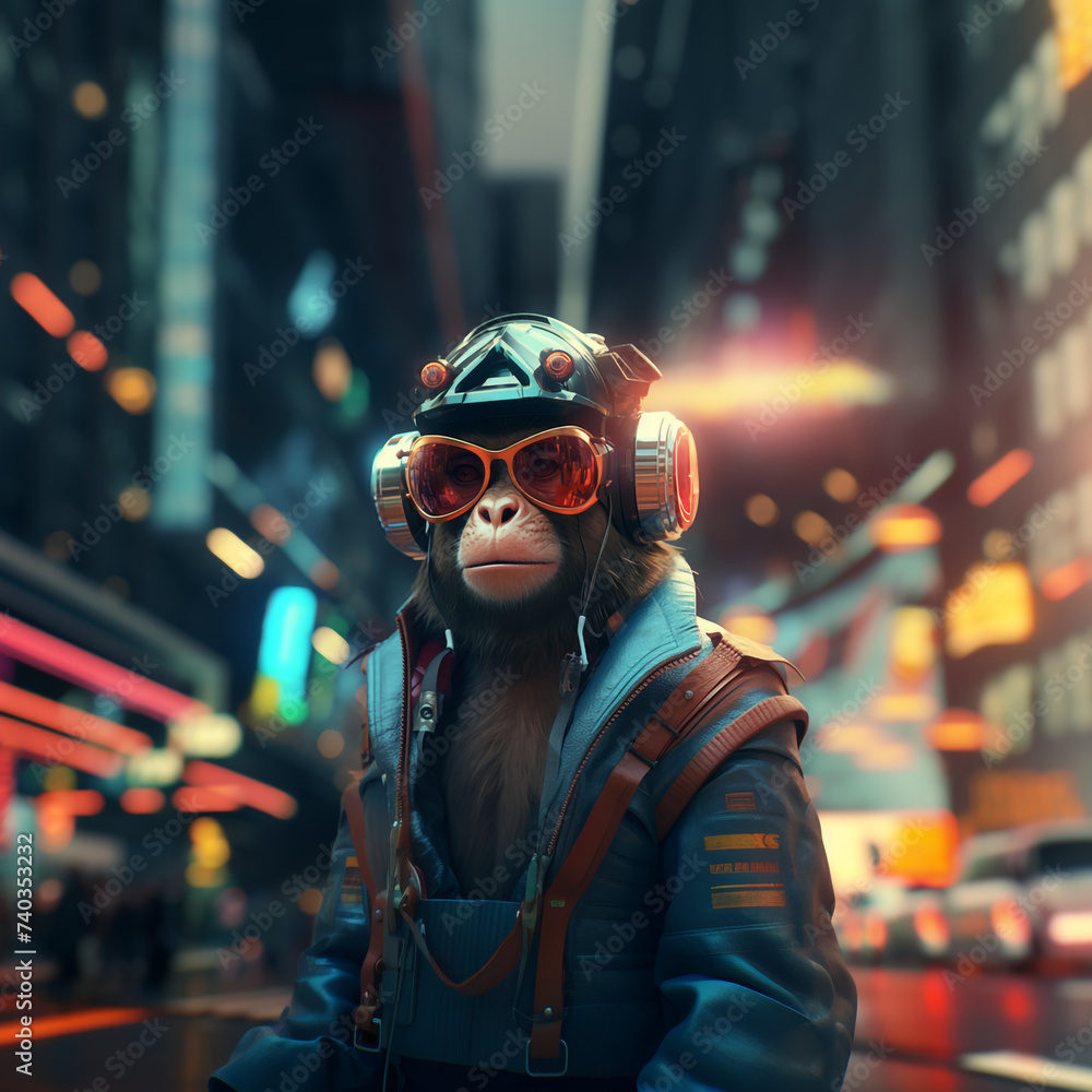 Ape with futuristic glasses in a futuristic city Ape with futuristic glasses in a futuristic city