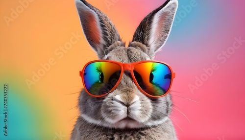 cool easter bunny with glasses on a rainbow background. Easter holiday