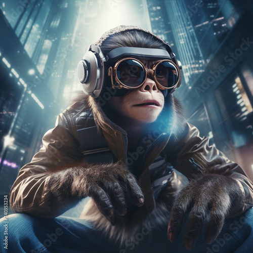Ape with futuristic glasses in a futuristic city