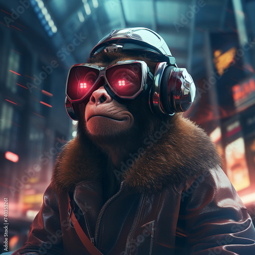 Ape with futuristic glasses in a futuristic city