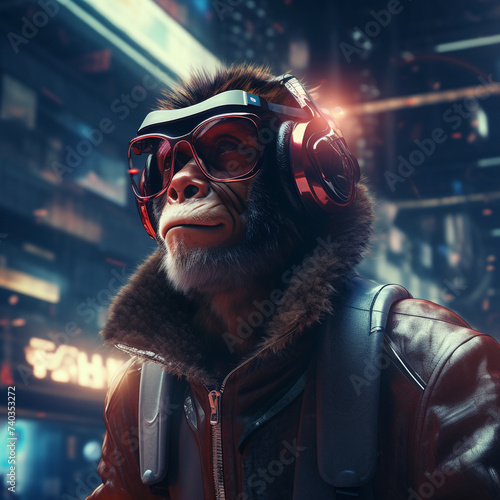 Ape with futuristic glasses in a futuristic city