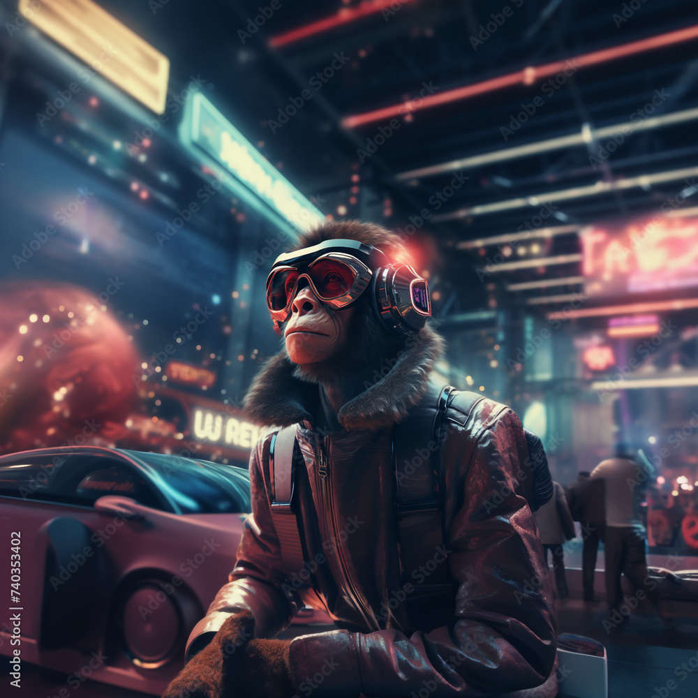 Ape with futuristic glasses in a futuristic city Ape with futuristic glasses in a futuristic city