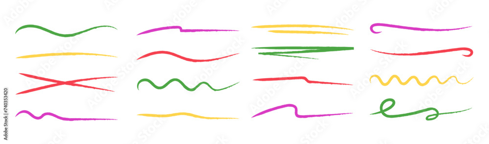 Hand-drawn brush lines set. Wavy and underline elements. Multicolored scribbles. Vector illustration.