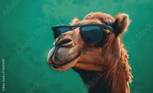 Cooles Kamel mit Sonnenbrille auf grünem Hintergrund