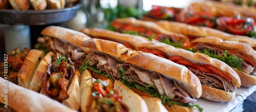 Assorted delicious sandwiches served on a wooden table for lunchtime feast and mealtime enjoyment photo