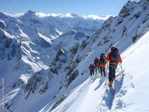 Gruppe von Skifahrern beim Wandern mit Ski, Wunderschönes Bergpanorama, Ski Tour