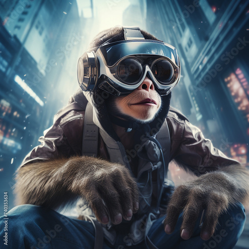 Ape with cyber glasses in futuristic city