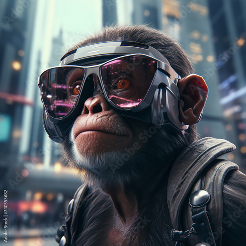 Ape with cyber glasses in futuristic city