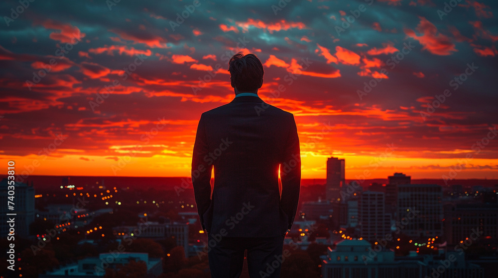 Silhouette of a man in a suit on the background of the city at sunset