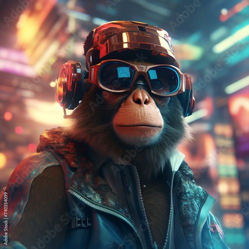 Ape with cyber glasses in futuristic city
