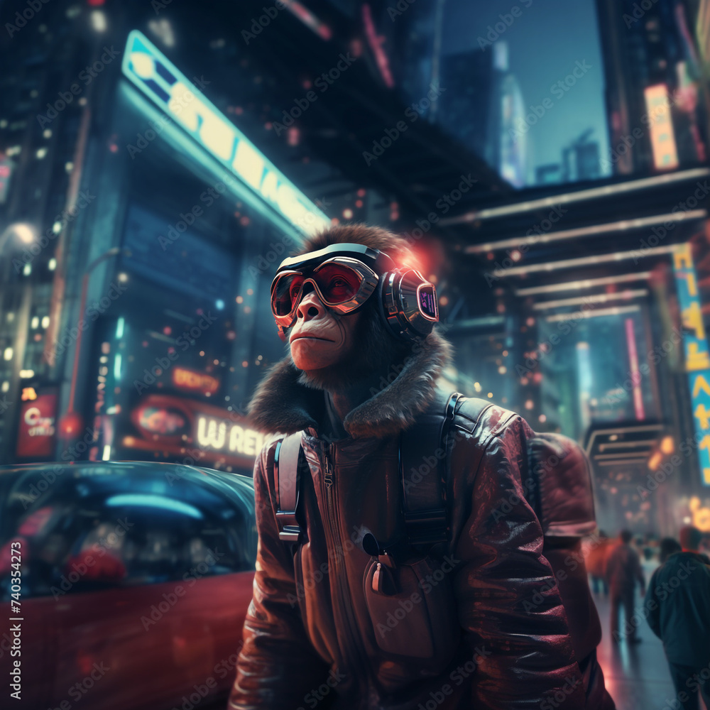 Ape with cyber glasses in futuristic city Ape with cyber glasses in futuristic city