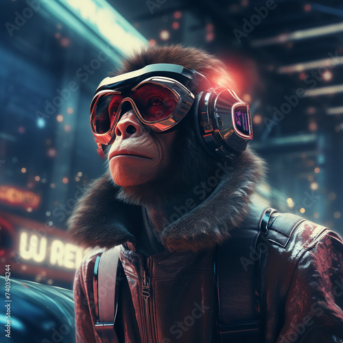 Ape with cyber glasses in futuristic city