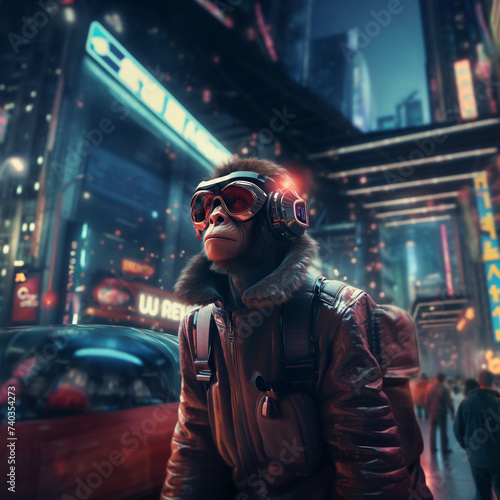 Ape with cyber glasses in futuristic city © Robert