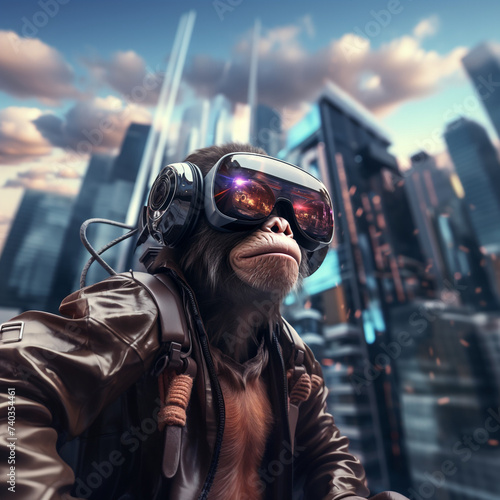 Ape with cyber glasses in futuristic city
