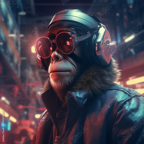 Ape with cyber glasses in futuristic city