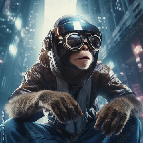 Ape with cyber glasses in futuristic city