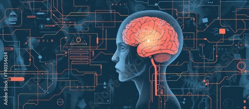 This illustration features a human head with a visible brain in the center, showcasing the fusion of artificial intelligence and the human mind. A copyright label is displayed beside the image.