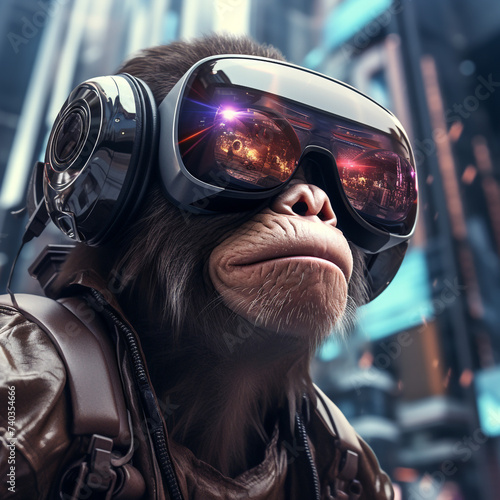 Ape with cyber glasses in futuristic city