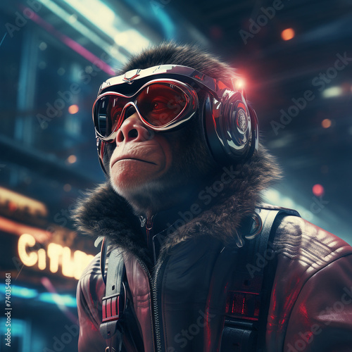 Ape with cyber glasses in futuristic city