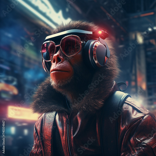 Ape with cyber glasses in futuristic city