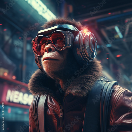 Ape with cyber glasses in futuristic city