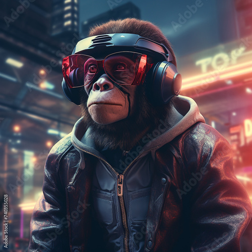 Ape with cyber glasses in futuristic city