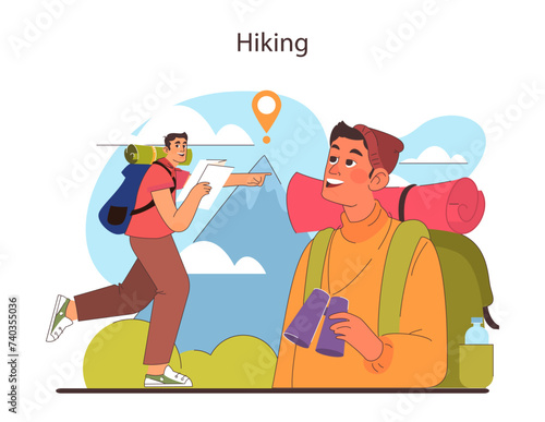 Hiking concept. Enthusiastic friends on a nature trail, one navigating with a map.