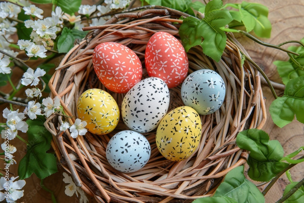 Happy Easter Eggs Basket Text block. Bunny hopping in flower illustration contest decoration. Adorable hare 3d bunny visor rabbit illustration. Holy week easter hunt Serene card christian greeting