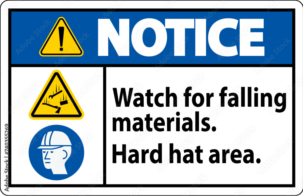 Notice Sign, Watch For Falling Materials, Hard Hat Area