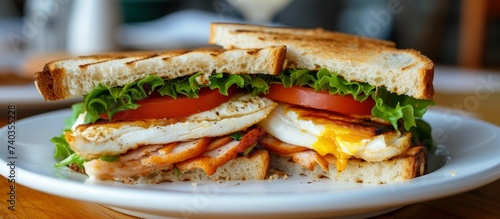Delicious sandwich with fried egg, juicy tomato, and fresh lettuce on toasted bread for breakfast or brunch menu